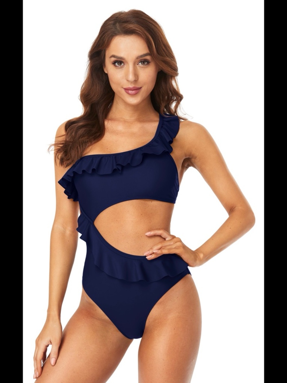 NWT Navy Ruffle One-Shoulder Cutout Swimsuit